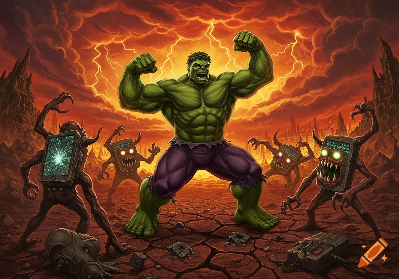 The Hulk flexing, ready to fight phone-like demons with glowing eyes in a fiery, apocalyptic landscape, comic book style.
