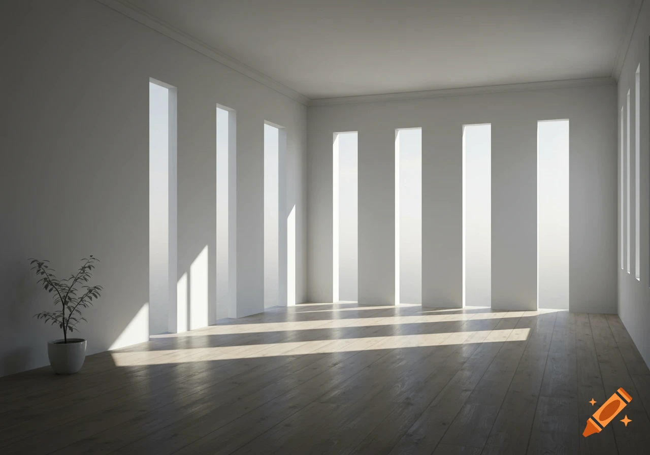 A bright, empty, minimalist room with white walls, wooden floor, and tall windows casting long shadows. A small potted plant sits in the corner.