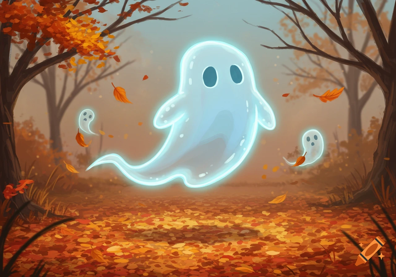 A large, glowing cartoon ghost floats in an autumn forest with smaller ghosts and falling orange leaves.