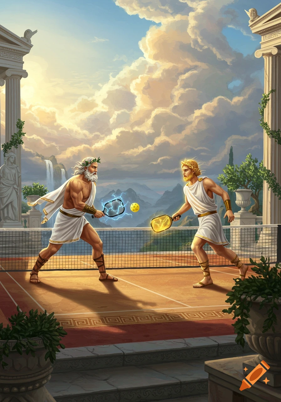 Two Greek gods, one wielding lightning, play pickleball on a classical court amidst temples and mountains under a dramatic sky.