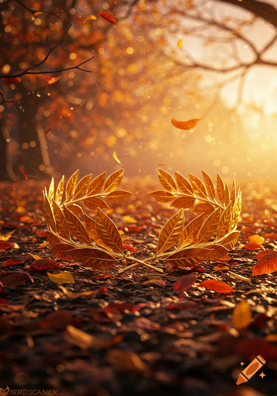 A golden laurel wreath lies on a forest floor amidst fallen autumn leaves, illuminated by warm sunlight in a photorealistic style.