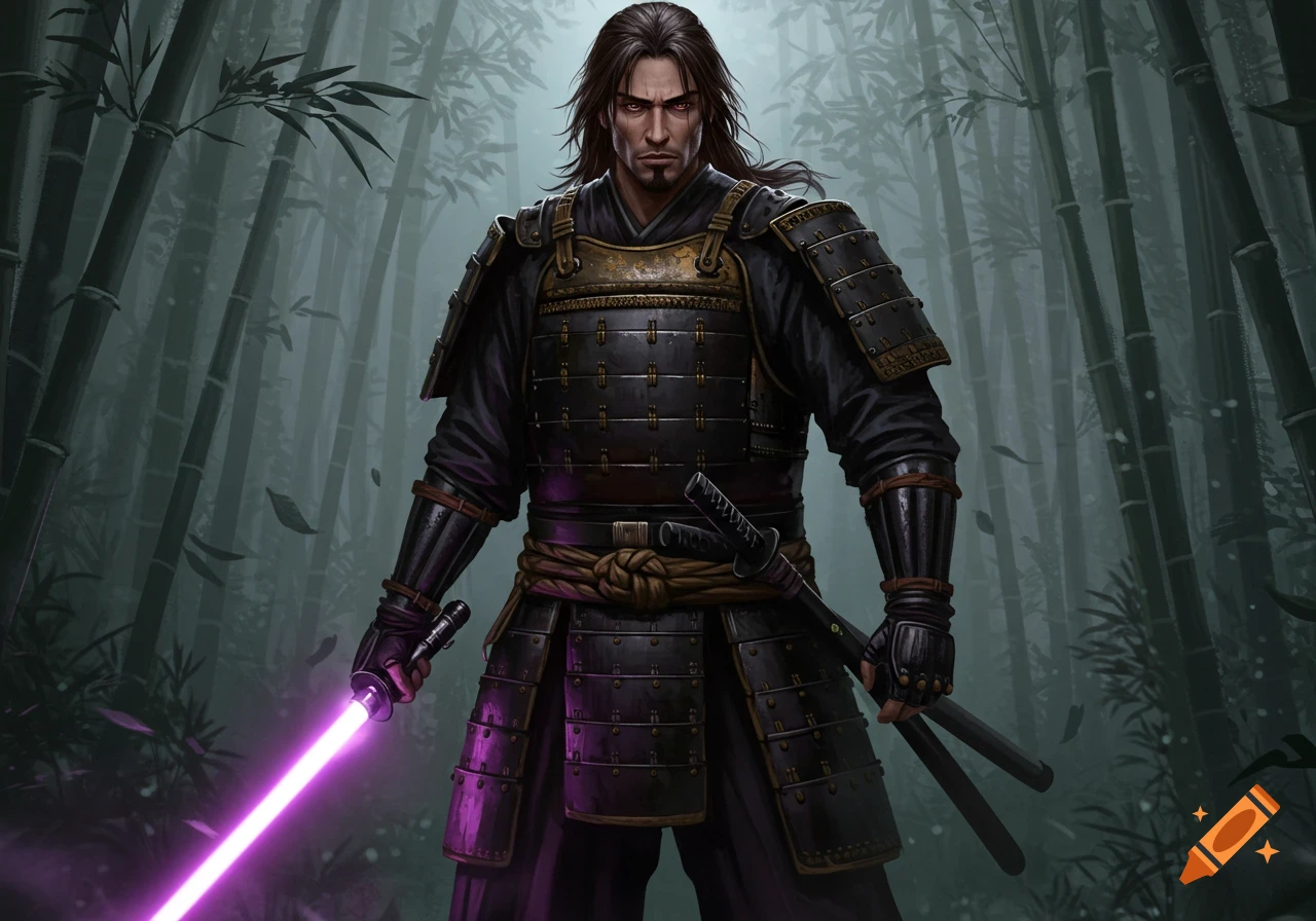 A detailed illustration of a fierce samurai warrior with long dark hair, black armor, and a purple lightsaber, standing in a misty bamboo forest.