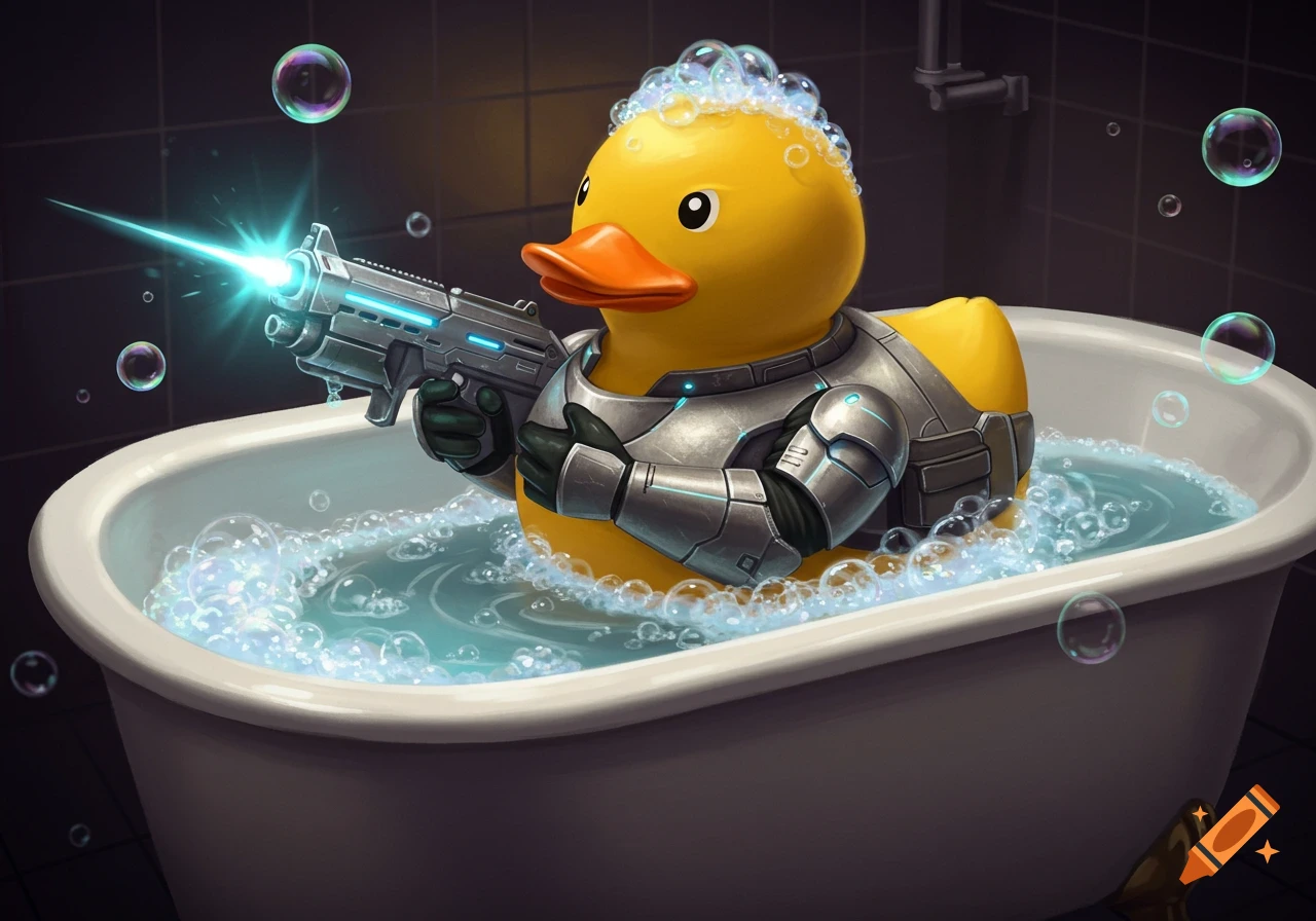 A yellow rubber duck in a bathtub, wearing sci-fi armor and holding a glowing plasma rifle, surrounded by bubbles.