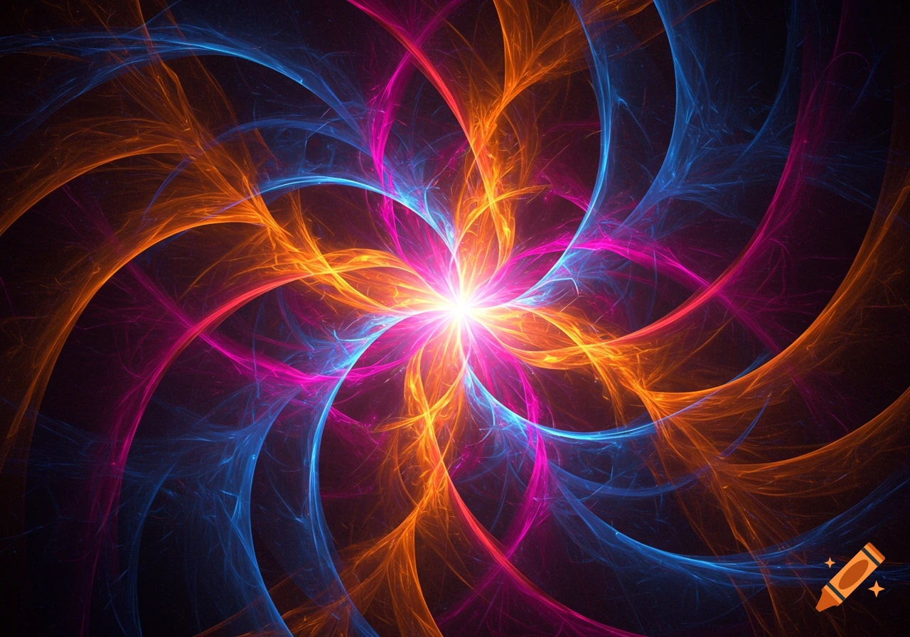 Vibrant abstract fractal with swirling blue, orange, and magenta light radiating from a bright central glow.