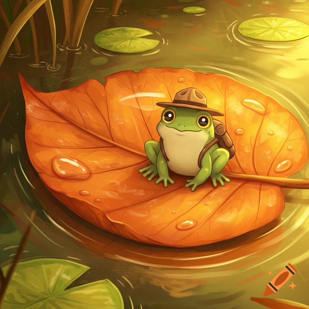 A cute cartoon frog ranger wearing a hat and backpack sits on a large orange leaf floating in a pond.