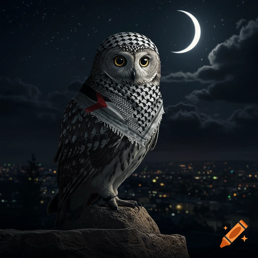 A photorealistic owl wearing a black and white keffiyeh with a red triangle, perched on a rock at night under a crescent moon with city lights below.