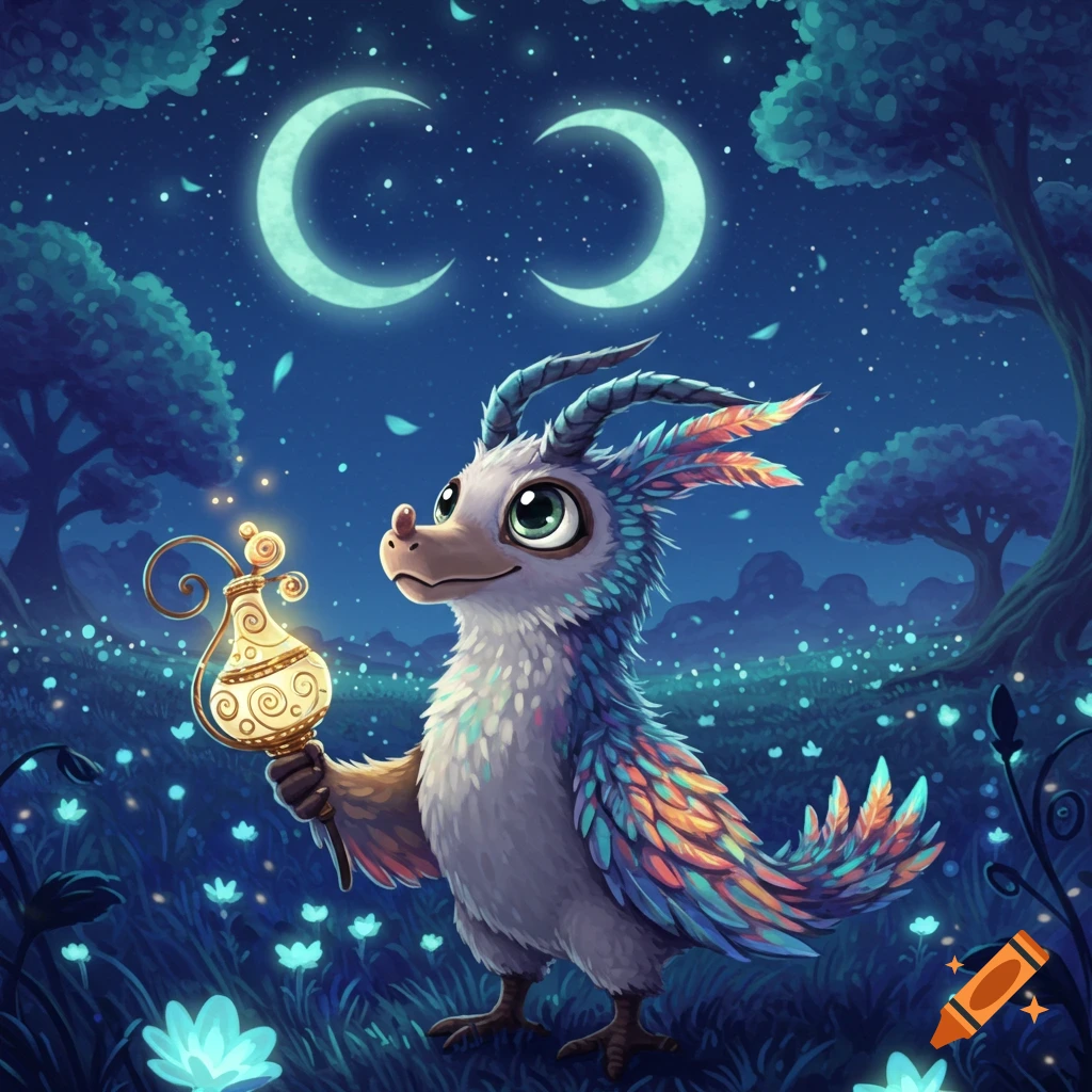 A whimsical feathered creature with horns holds a glowing ornate lamp in a magical forest under two crescent moons and a starry night sky.