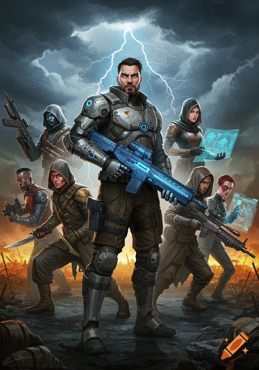 A group of armored, armed heroes stands ready under a stormy sky with lightning, in a digital painting style.