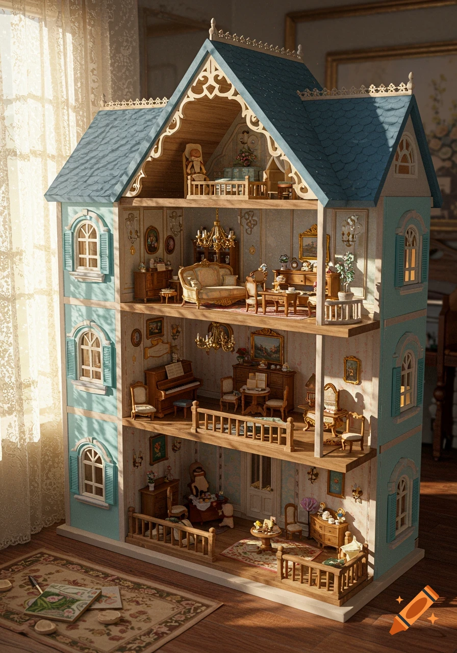 A highly detailed, three-story dollhouse with a blue roof and pale blue exterior, showcasing fully furnished miniature rooms under warm sunlight.