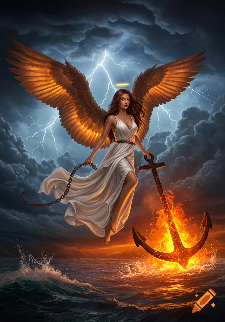 A winged angel with a halo floats above stormy seas, holding a chain attached to a flaming anchor as lightning strikes.