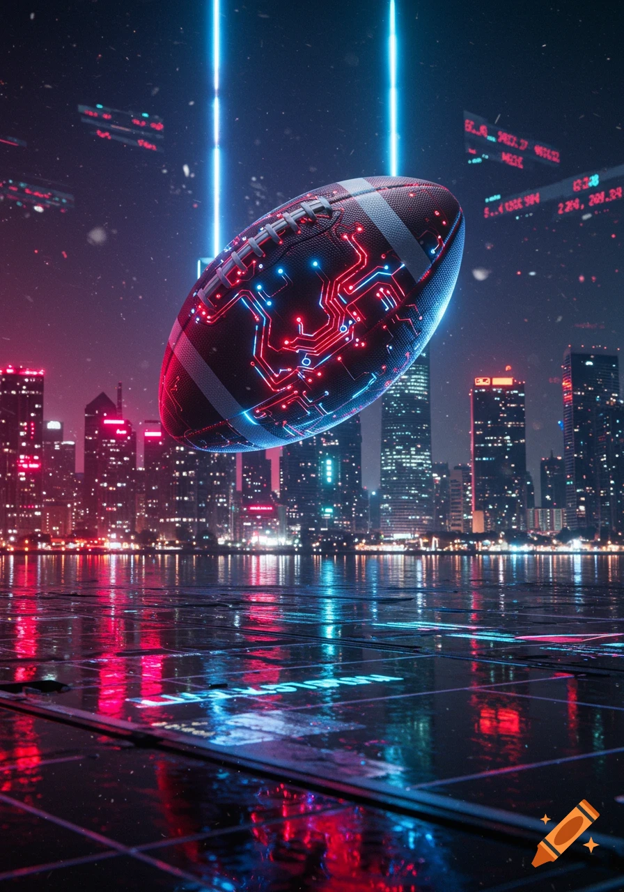 A futuristic American football with glowing red and blue circuits floats above a neon-lit cityscape with reflections on a wet, tiled surface.