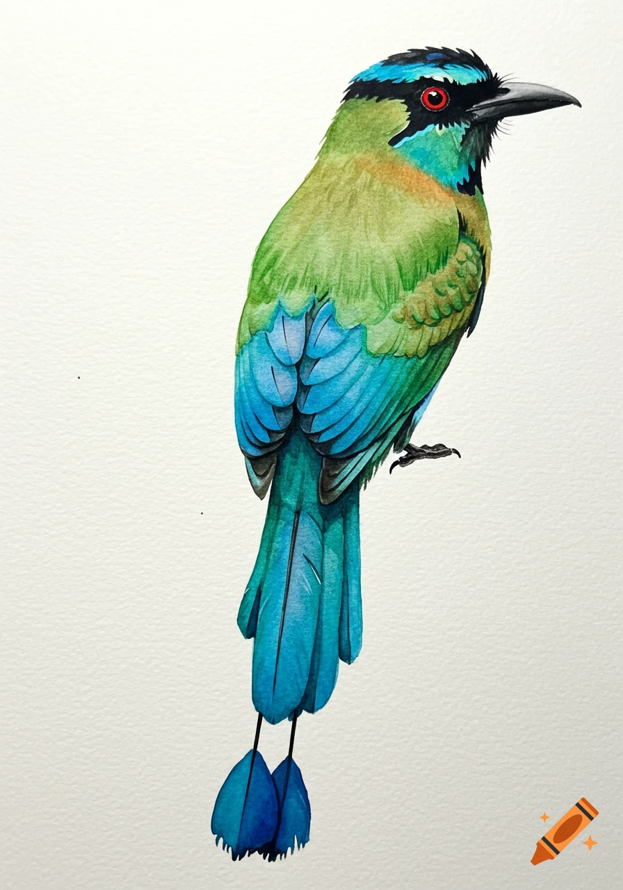 Watercolor painting of an Andean Motmot bird with green, blue, and black feathers, and long tail plumes, on a white background.