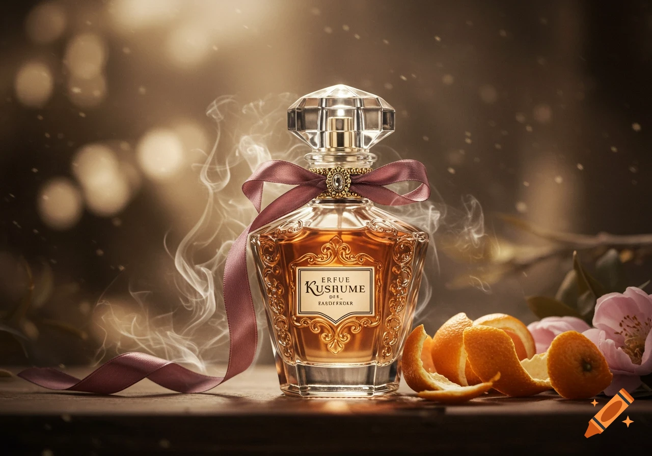 Photorealistic image of a decorative perfume bottle with a maroon ribbon, surrounded by orange peels and pink flowers, on a table with a smoky, bokeh background.