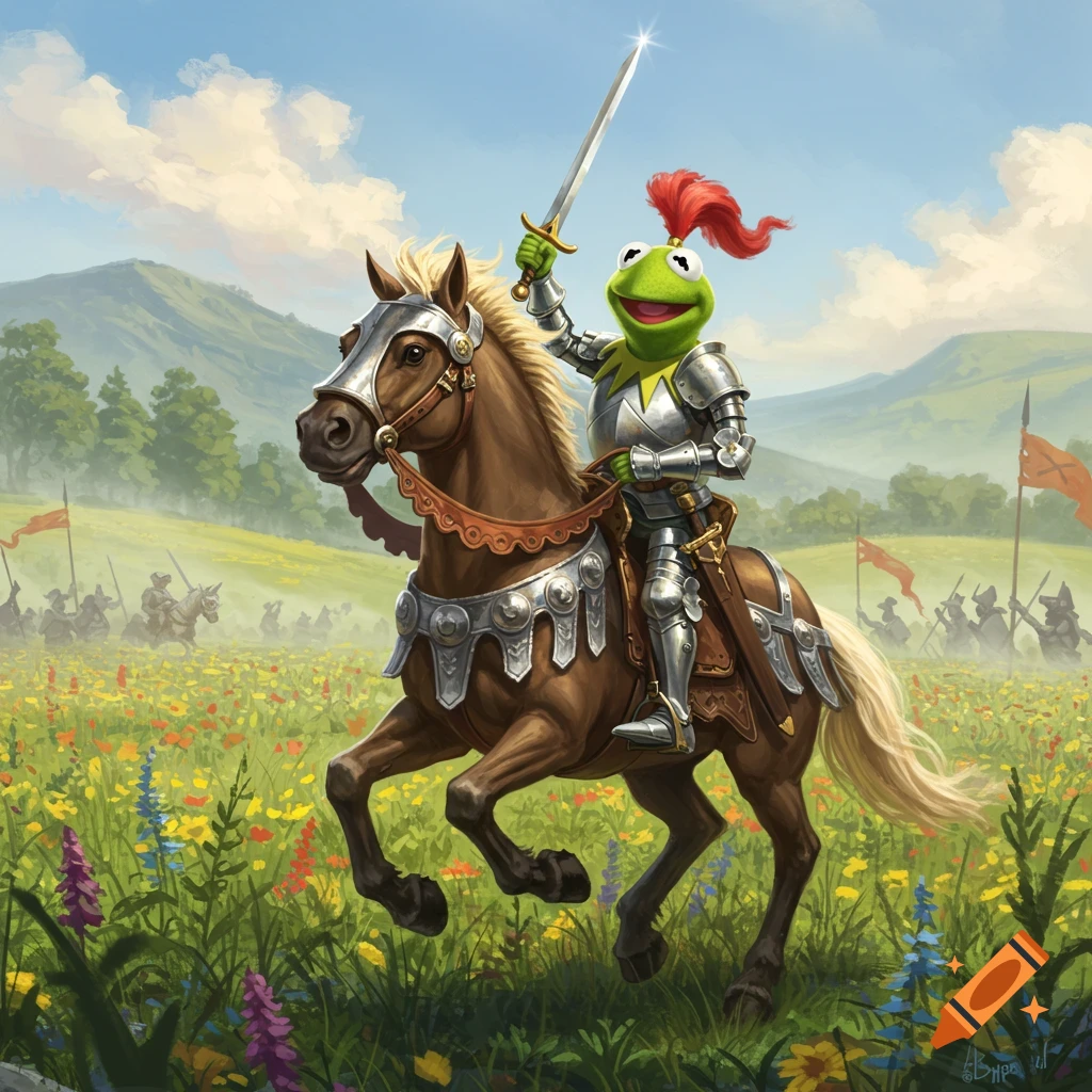 Kermit the Frog as a knight on horseback, sword raised, in a vibrant flowery field with an army in the background.