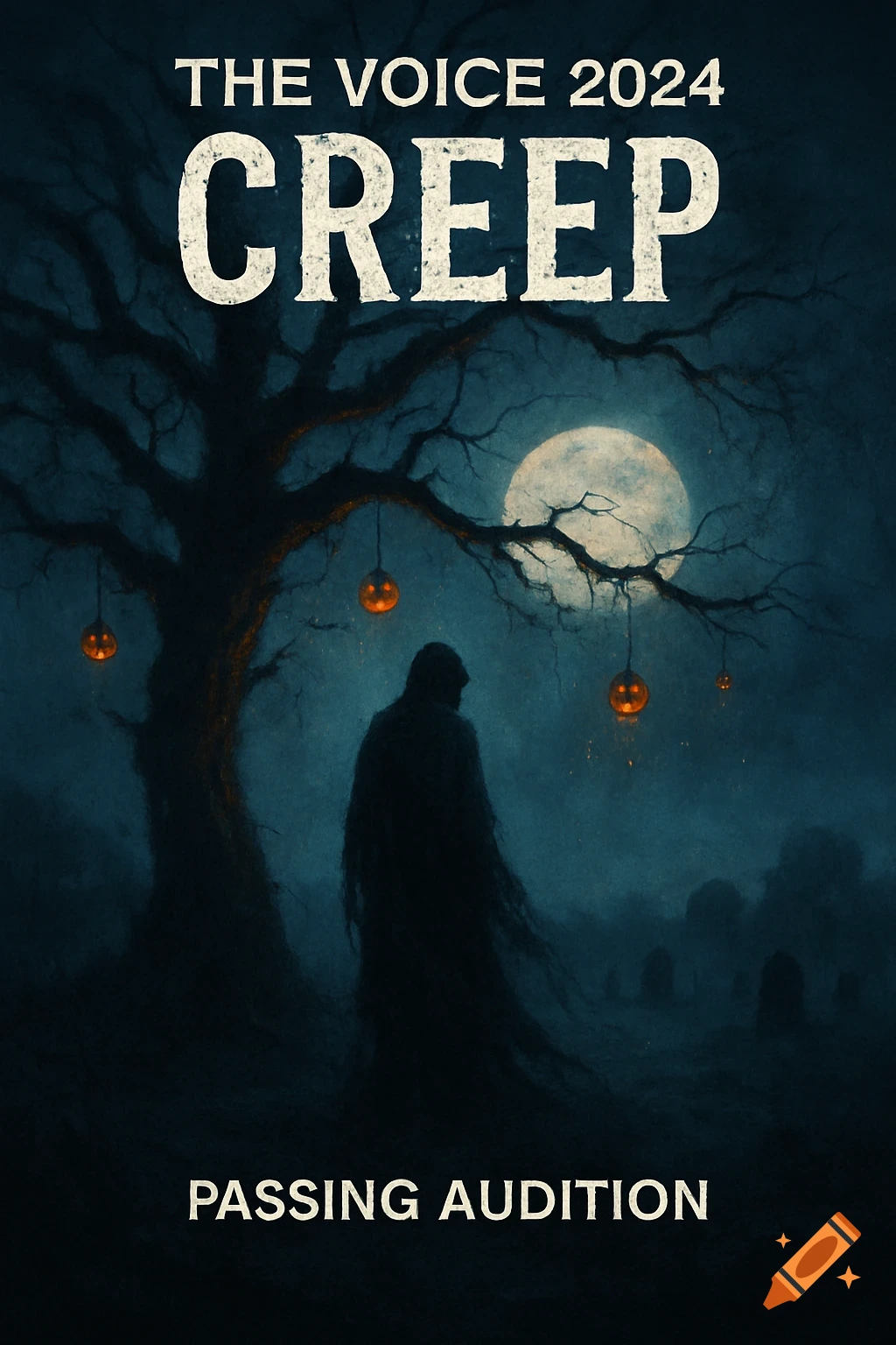 Dark album cover: Hooded figure by a spooky tree with jack-o'-lanterns, full moon, and gravestones. Text: THE VOICE 2024 CREEP PASSING AUDITION.