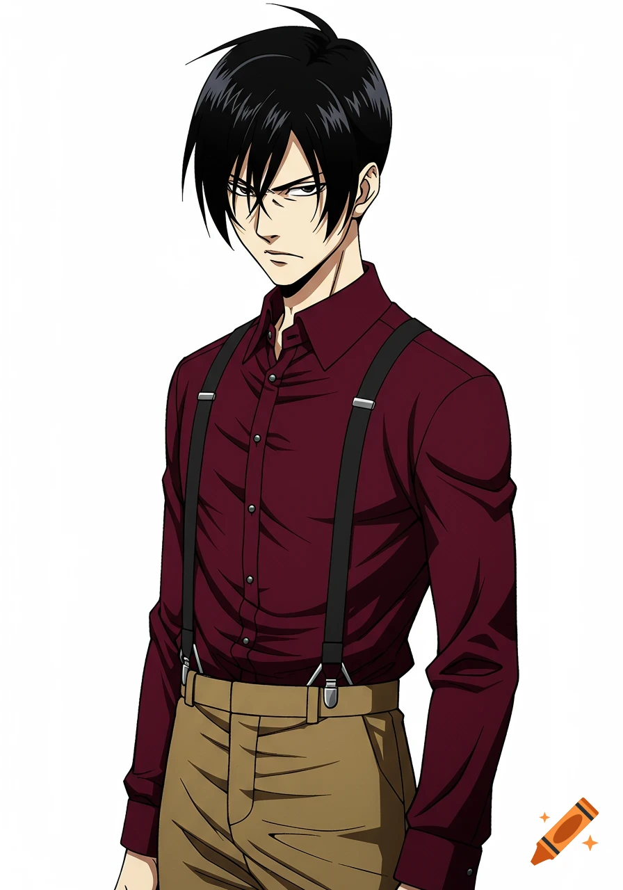 A stern-faced anime male with black hair, wearing a maroon collared shirt with suspenders and tan pants, against a white background.