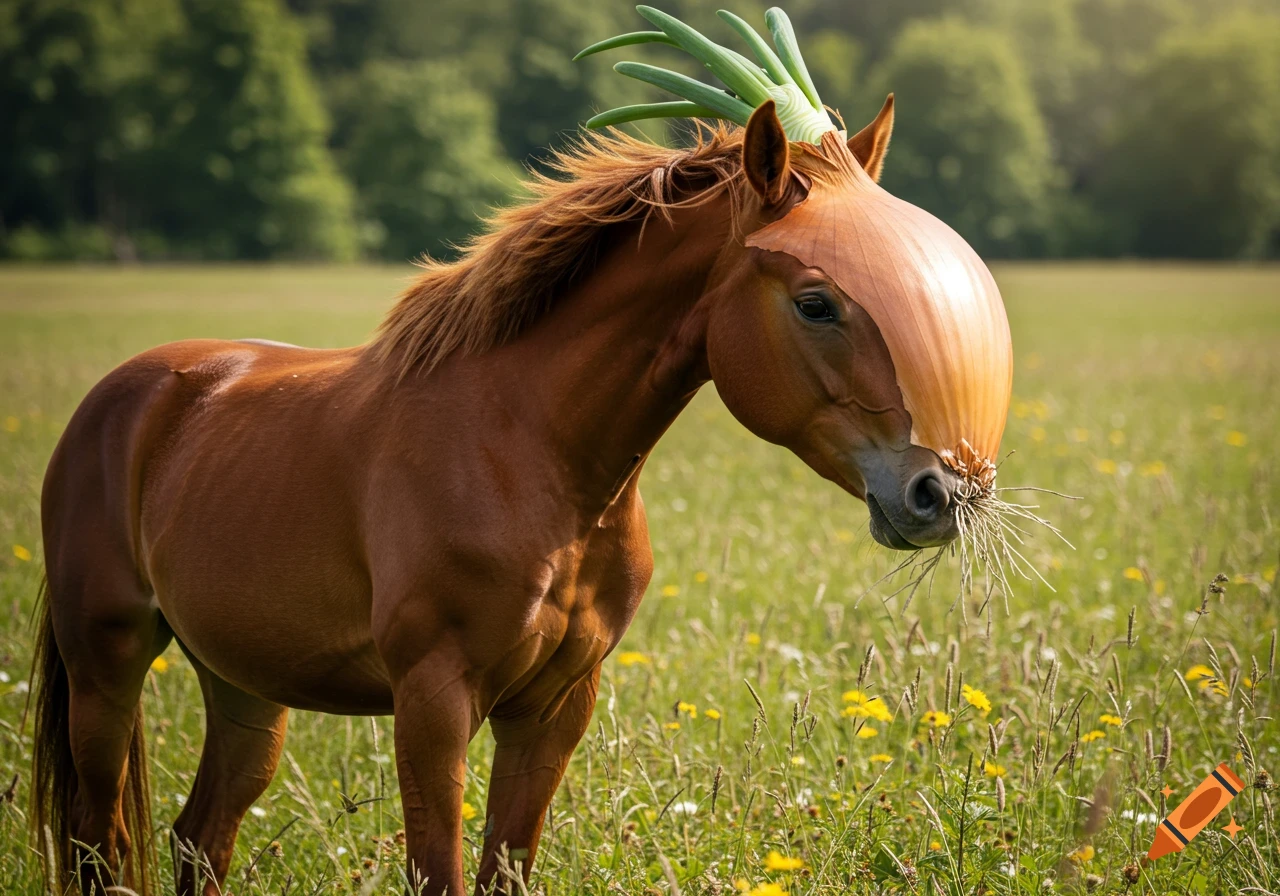A brown horse with an onion for a head, complete with green shoots, grazes in a sunny, grassy field.
