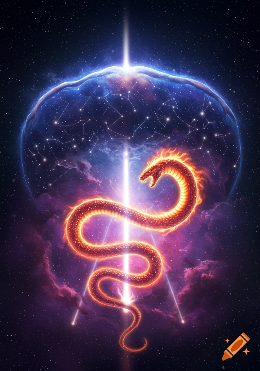 A glowing, fiery serpent coils across a cosmic background with constellations, purple clouds, and a bright central light beam.