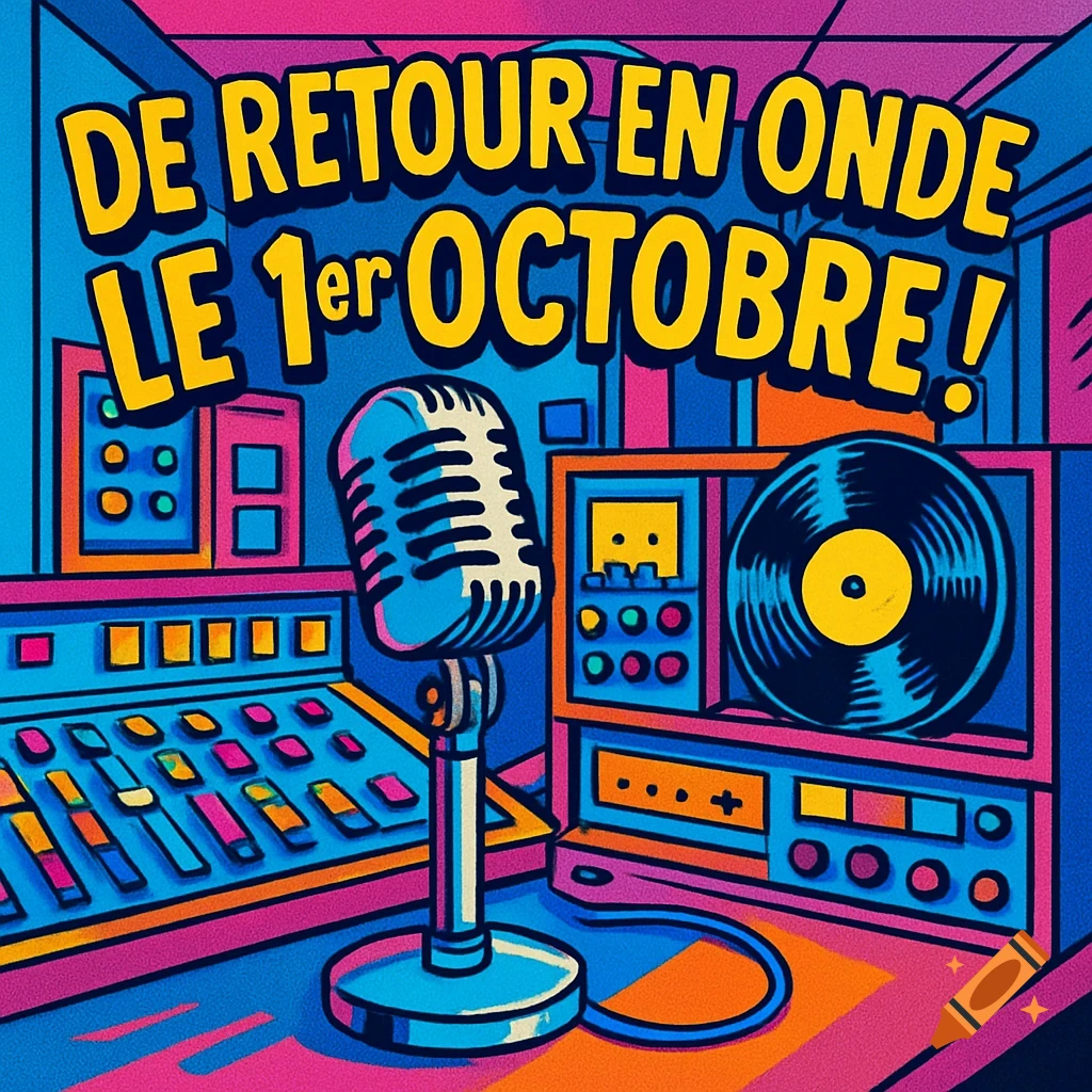 Pop art illustration of a retro radio studio with a microphone, mixer, and vinyl record, with text 'DE RETOUR EN ONDE LE 1er OCTOBRE!'.