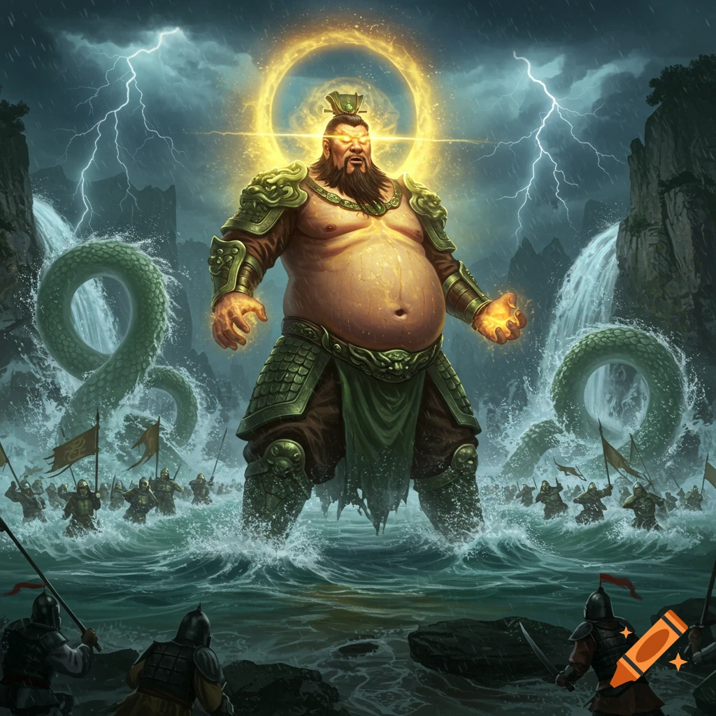 Colossal ancient Chinese warrior with glowing halo and eyes stands in stormy waters with an army, amidst waterfalls and large serpents.