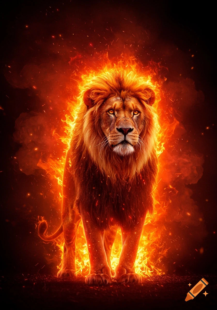 A majestic lion stands surrounded by vibrant, glowing flames against a dark background, in a digital art style.
