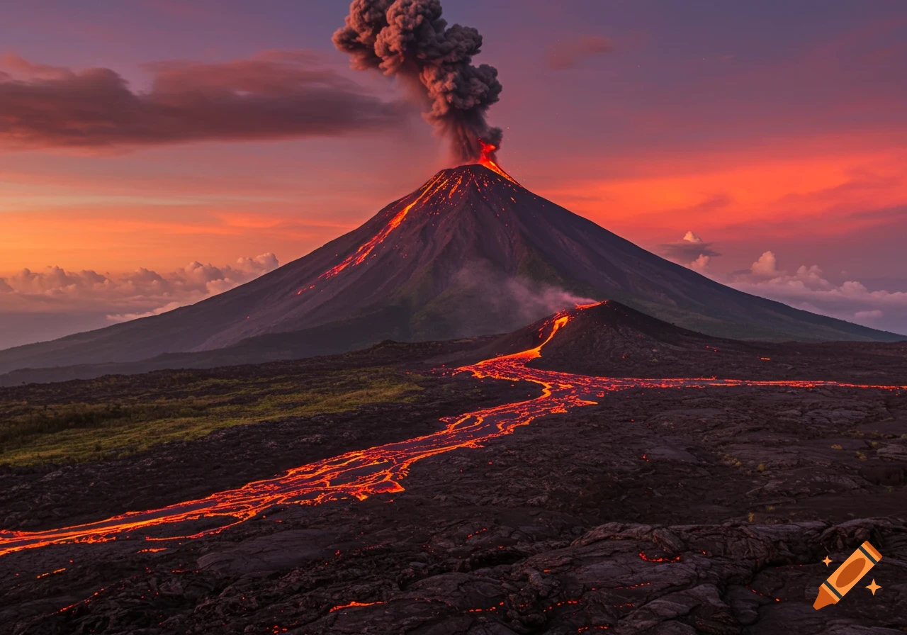 Photorealistic image of a volcanic eruption at sunset, with fiery lava flowing down the mountain and smoke billowing from the peak.