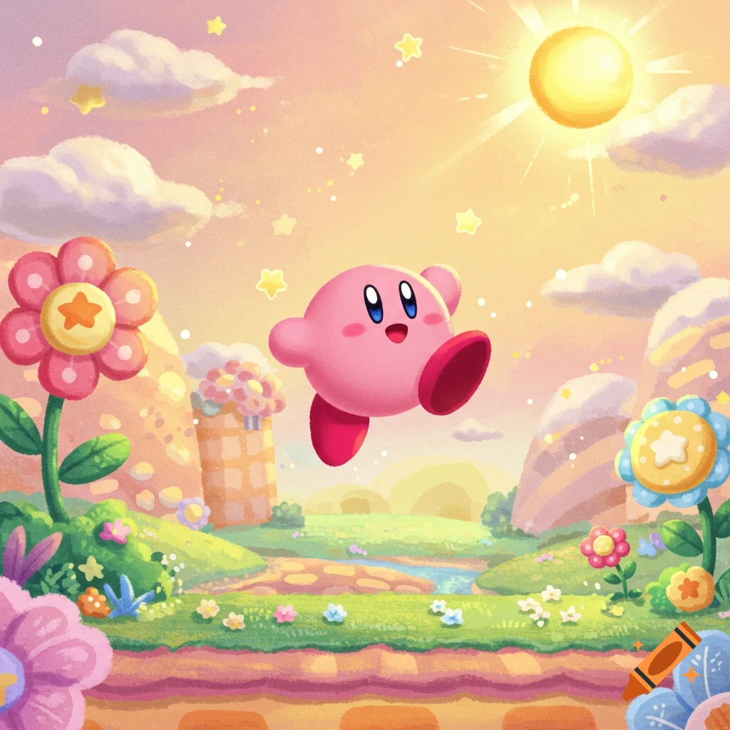 Kirby floats happily in a vibrant, cartoonish fantasy landscape with flowers, clouds, and a bright sun.