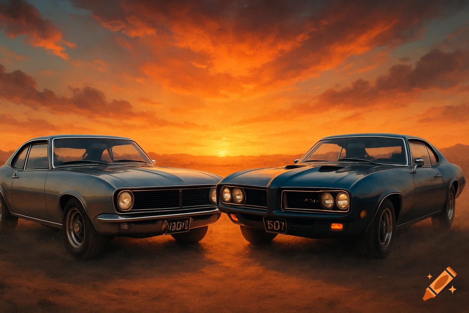 Two classic cars, one gray and one blue, face each other on a dusty road against a vibrant orange sunset.