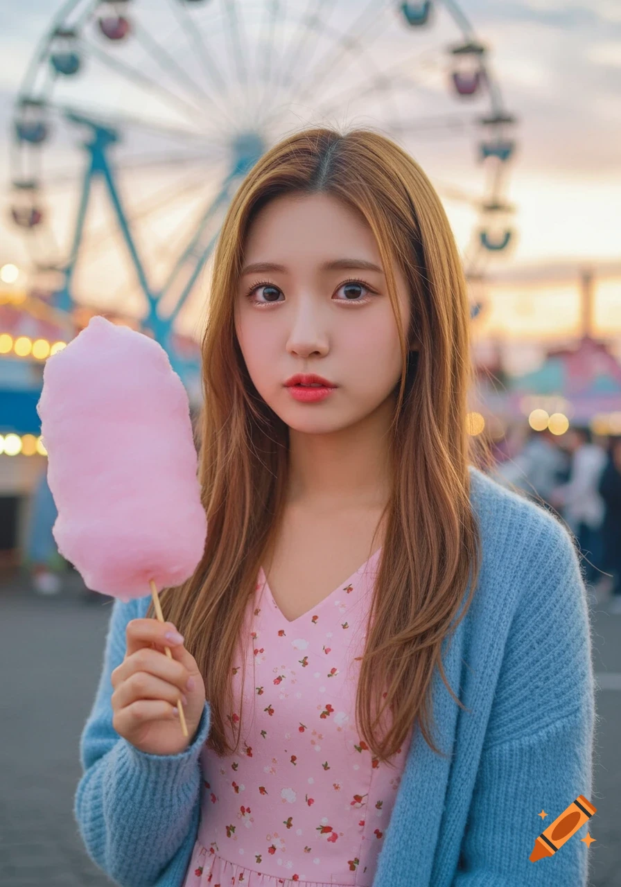 A young woman with long brown hair, wearing a pink dress and blue cardigan, holds pink cotton candy at an amusement park with a Ferris wheel in the background.