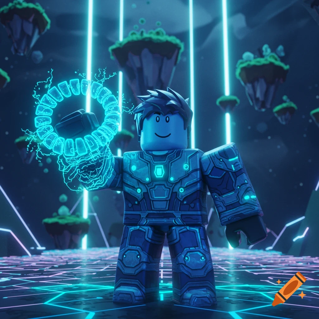 Blue-skinned Roblox-style character in futuristic blue armor holds a glowing energy ring in a digital landscape with floating islands.