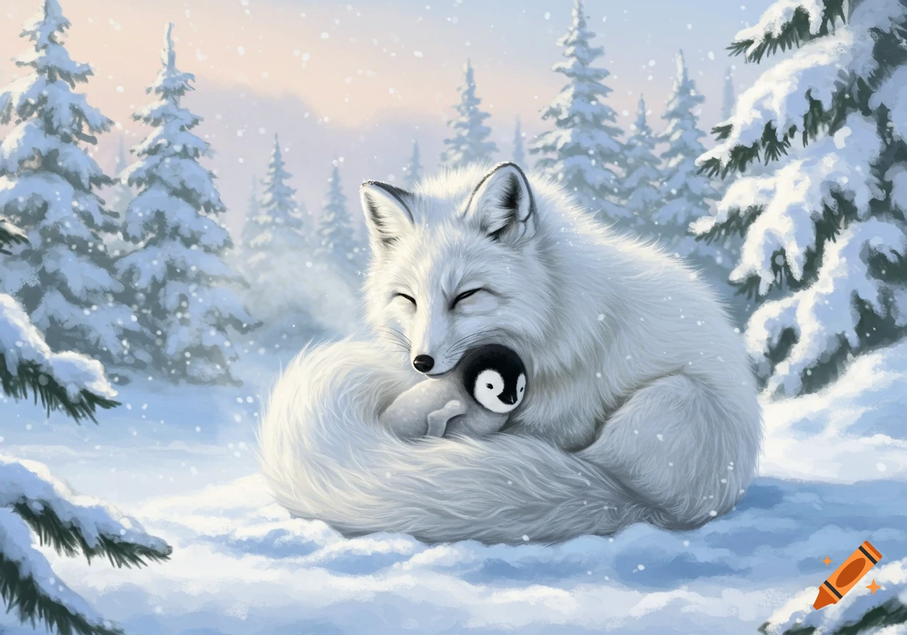 A fluffy white arctic fox is curled up in the snow, gently hugging a small baby penguin in a snowy forest with pine trees.