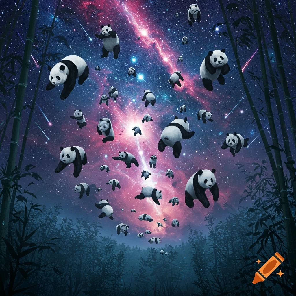Many pandas float and swim through a vibrant purple and blue galaxy with stars and shooting stars, framed by bamboo and a forest.
