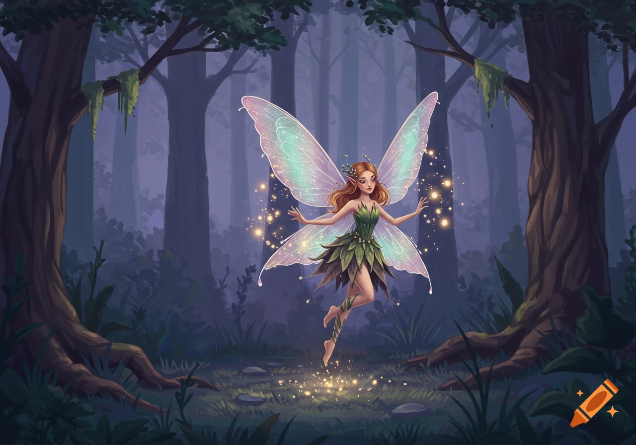 A beautiful fairy with iridescent wings and a leaf dress floats in a magical, misty forest with glowing lights. Illustrative style.