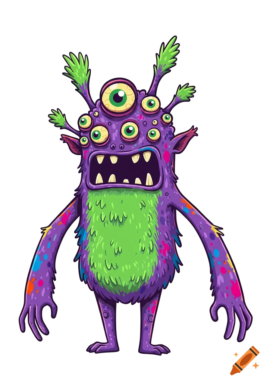 A vibrant purple cartoon monster with green fur, multiple eyes, and sharp teeth stands in a t-pose on a white background, splattered with colorful paint.