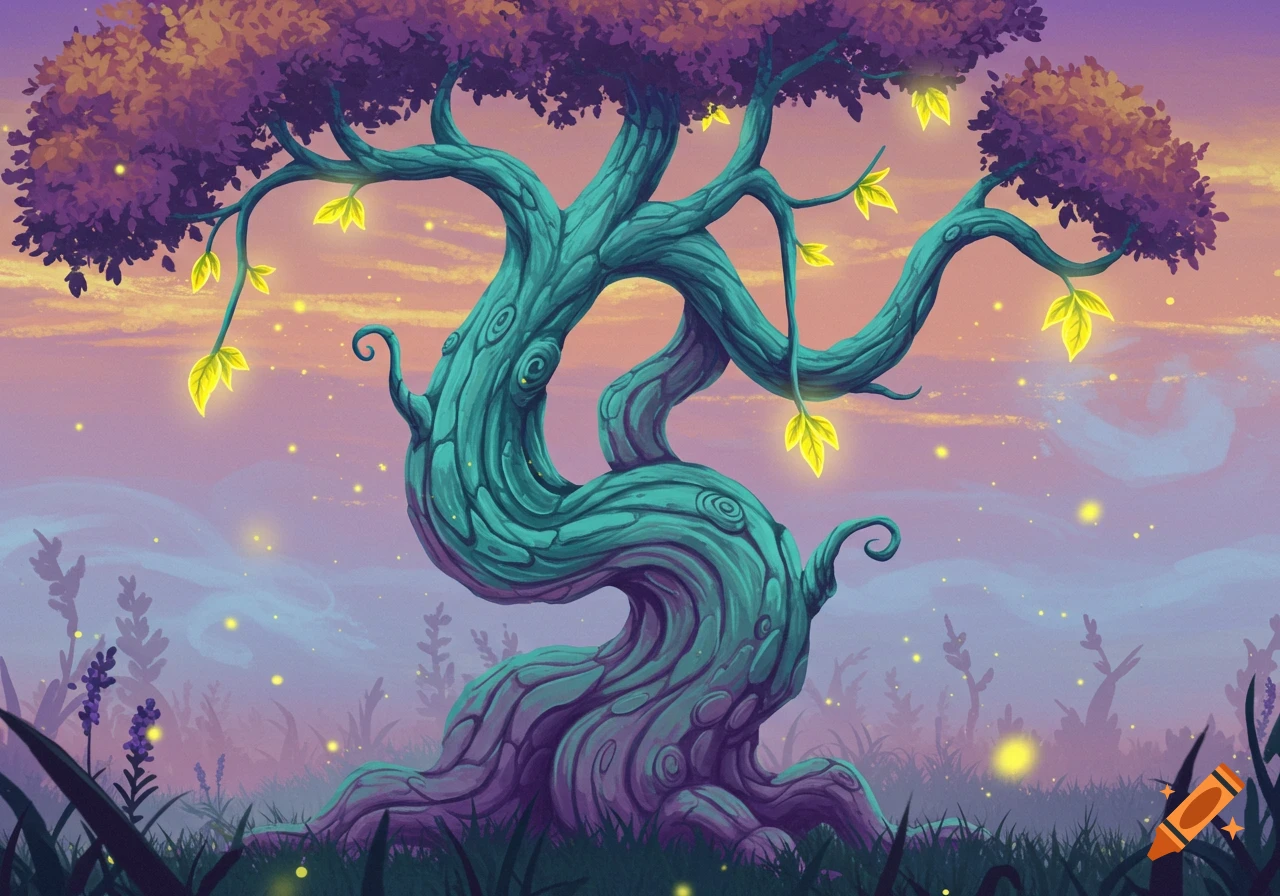 Vibrant, twisted teal tree with glowing leaves and purple foliage. Fireflies sparkle in a mystical twilight landscape, digital art.