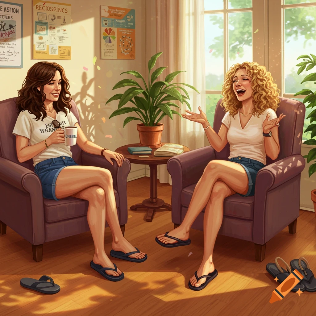Two smiling women in shorts and flip-flops sit in armchairs in a bright teacher's lounge, one holding a coffee cup, the other gesturing while laughing.