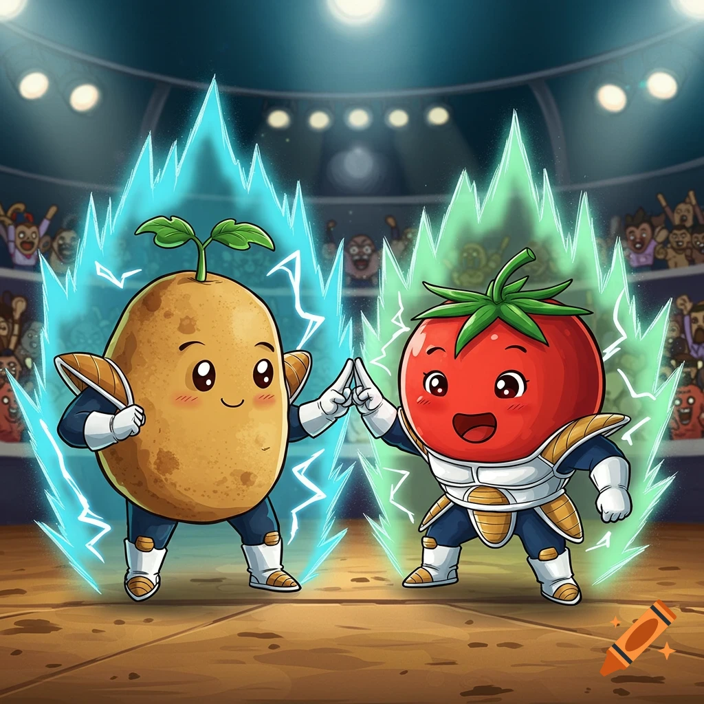 Cartoon potato and tomato characters dressed as Dragon Ball Z fighters doing a fusion pose in an arena.