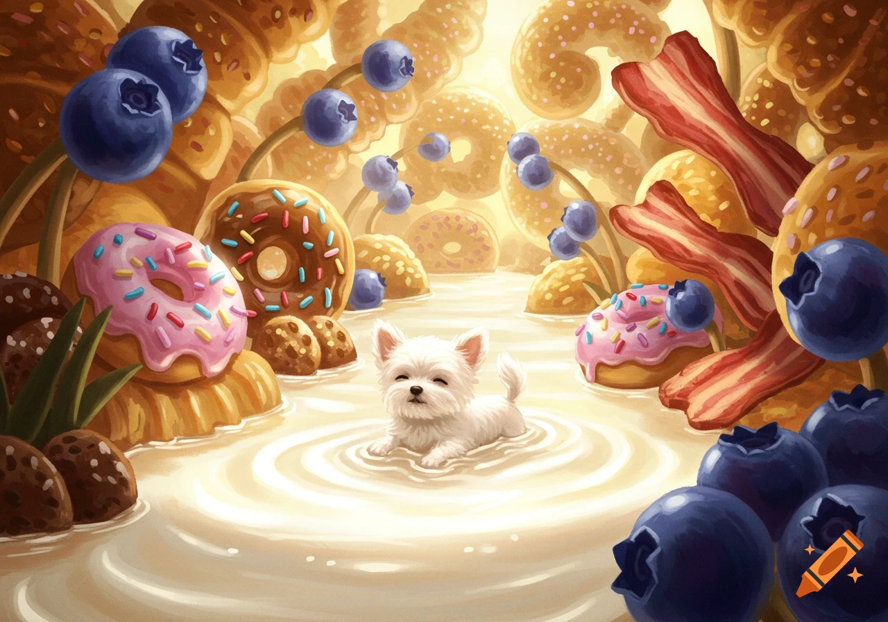 A cute white puppy floats in a cream river, surrounded by giant whimsical donuts, blueberries, bacon, and cookies.