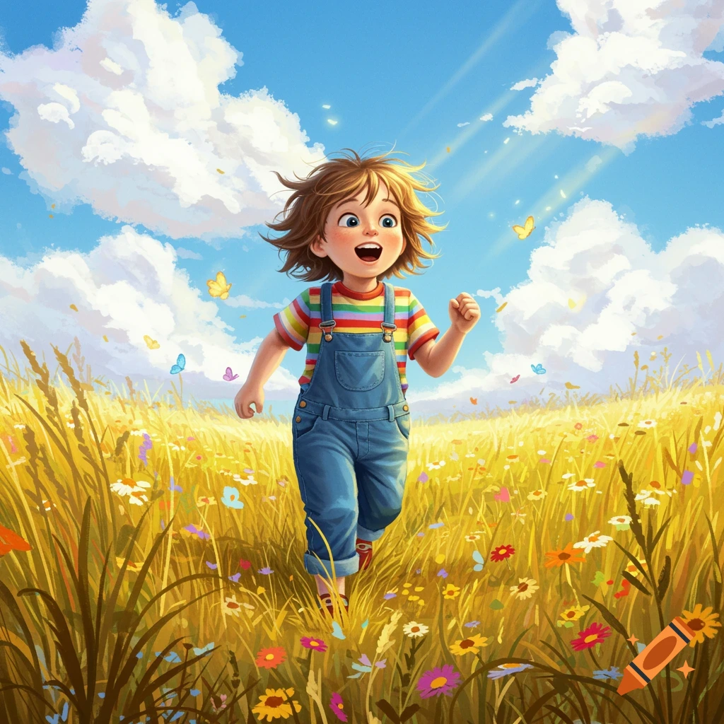 A happy child in overalls and a striped shirt runs through a sunny field filled with wildflowers and butterflies, in a vibrant illustration.
