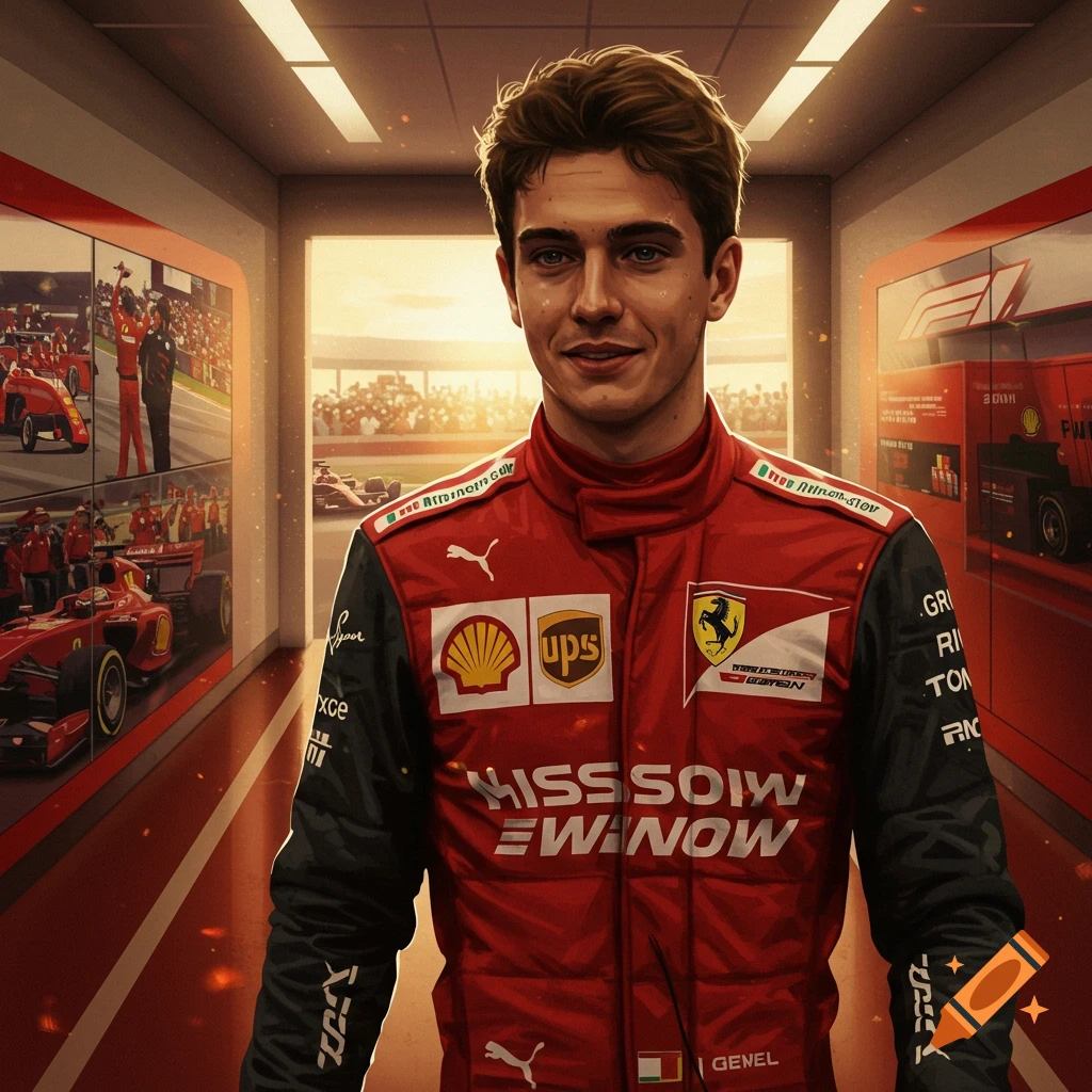 An illustration of a young F1 driver in a red Ferrari racing suit, smiling in a pit lane with cars and a crowd in the background.