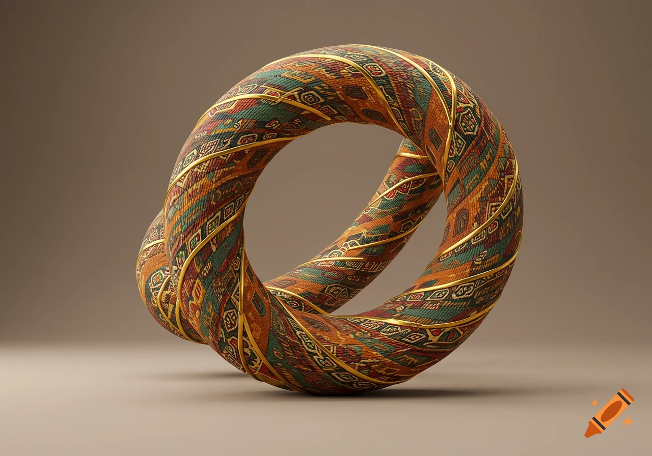 A twisted Mobius strip covered in a vibrant, patterned textile with gold accents, set against a neutral brown background.