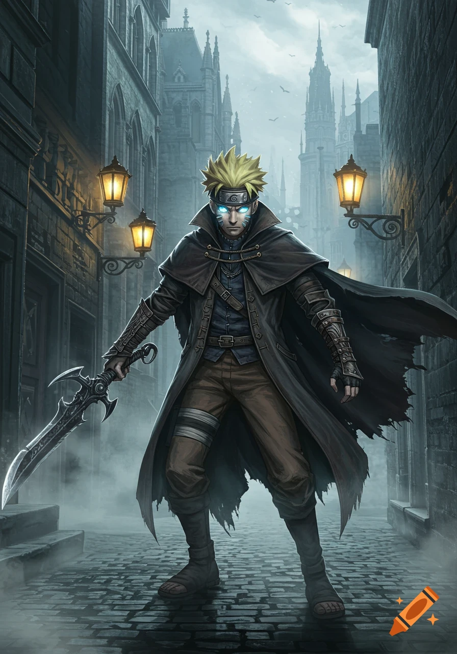 Naruto Uzumaki, in a dark coat with glowing blue eyes, wields a sword on a foggy gothic city street at night.