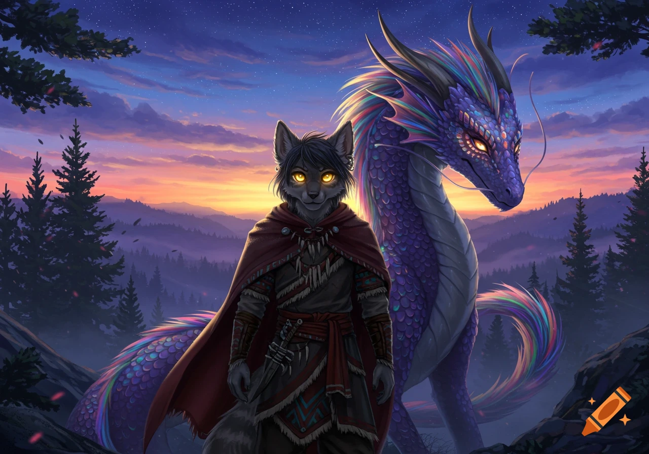 A grey furry character with glowing yellow eyes stands beside a large, vibrant purple dragon in a magical twilight forest.