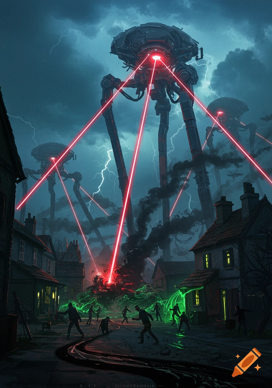 Dark digital art of huge tripod-like machines firing red laser beams at a small town under a stormy, lightning-filled sky as people flee.