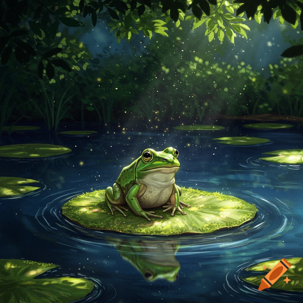 A vibrant green frog sits on a lily pad in a dark, glowing pond, surrounded by lush foliage.