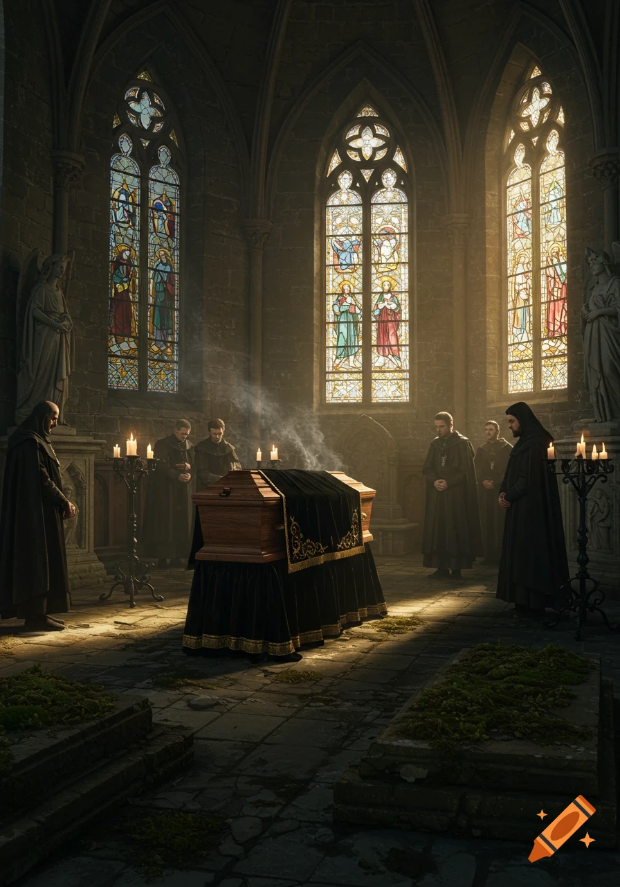 A somber medieval funeral in a gothic church with monks gathered around a coffin under stained glass windows.