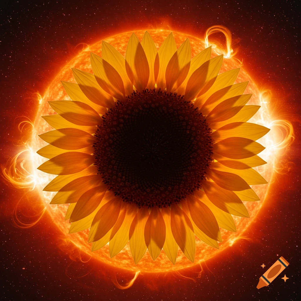 A vibrant sunflower with glowing petals in front of a fiery orange sun, surrounded by a dark, starry, red-orange space.