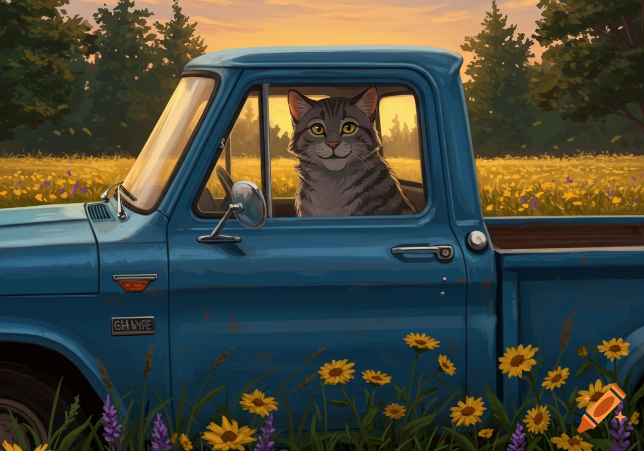 An illustrated tabby cat with yellow eyes smiles from the driver's seat of a blue pickup truck, parked in a sunny field with wildflowers and trees.
