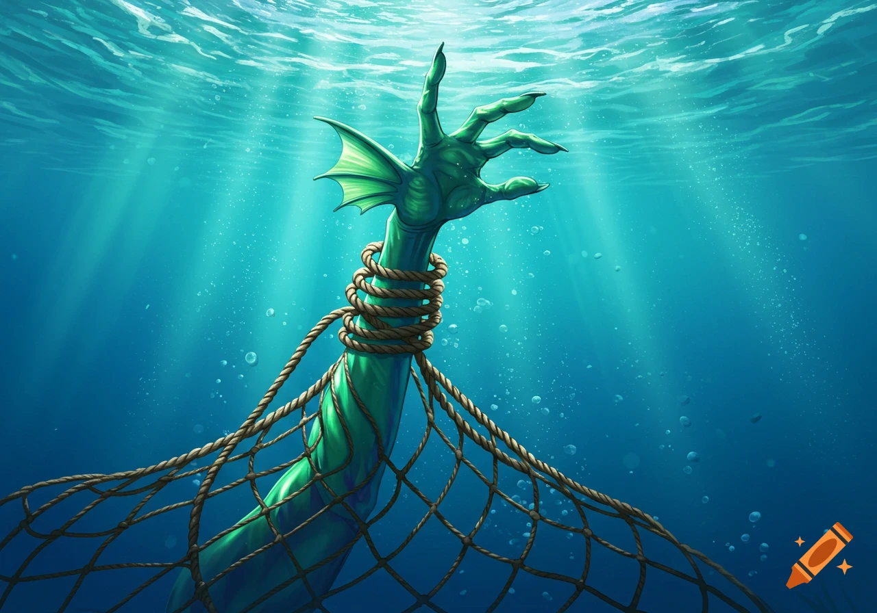 A green, webbed, clawed creature's arm, wrapped in a fishing net, reaches from deep blue water towards the sunlit surface.