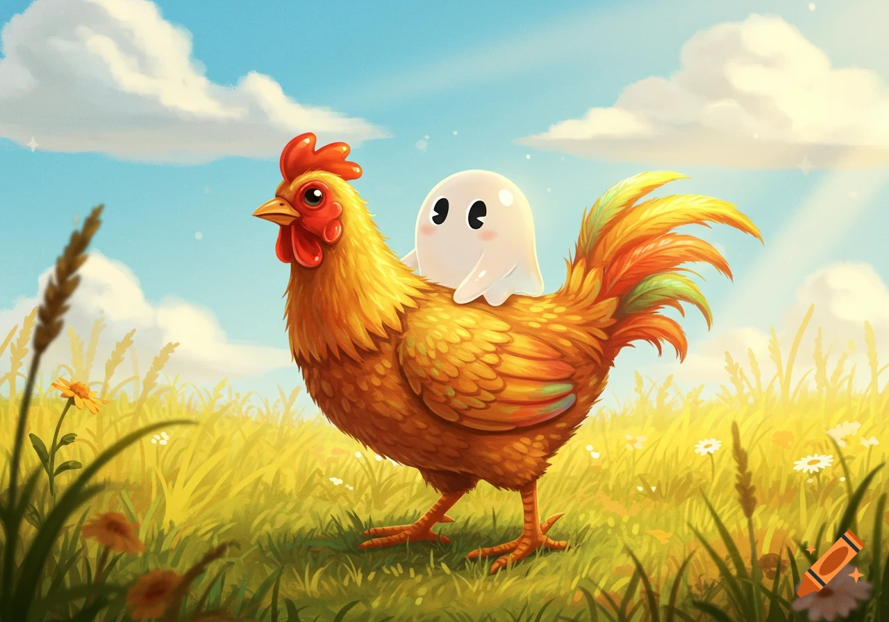 A cute white ghost rides on a vibrant orange and yellow rooster in a sunny, grassy field under a blue sky. Illustration style.